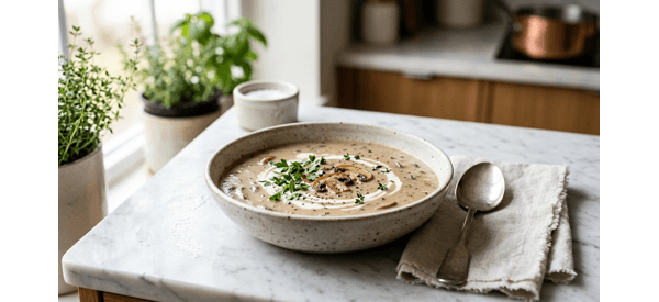 A premium bowl of creamy mushroom soup served on a marble countertop with fresh herbs A premium bowl of creamy mushroom soup served on a marble countertop with fresh herbs