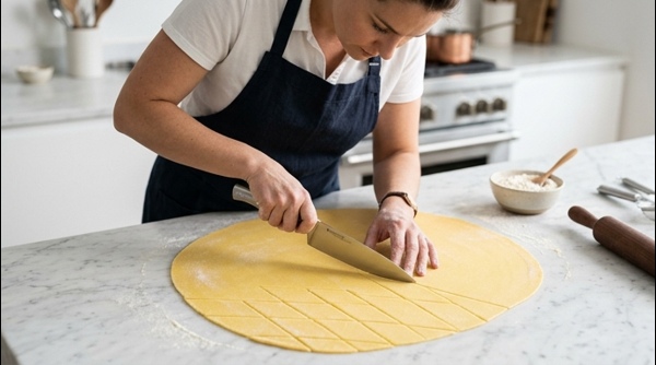 Kneading firm whole wheat dough for the dhokli pieces on a clean surface