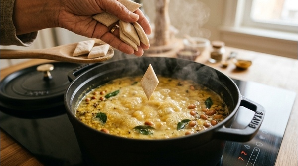 Freshly cooked Dal Dhokli in a modern ceramic bowl topped with ghee and herbs