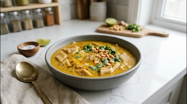 A steaming bowl of Gujarati Dal Dhokli garnished with fresh coriander and peanuts