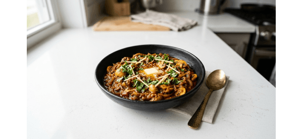 A bowl of spicy Dhaba Style Mushroom Masala garnished with fresh ginger and coriander