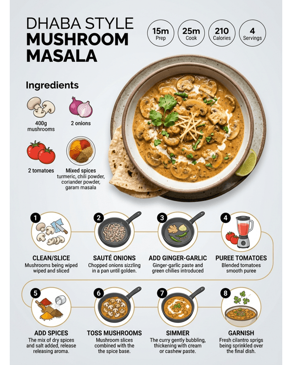A bowl of spicy Dhaba Style Mushroom Masala garnished with fresh ginger and coriander