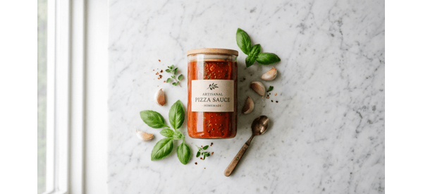 Fresh homemade pizza sauce in a glass jar with basil leaves on a marble counter Fresh homemade pizza sauce in a glass jar with basil leaves on a marble counter