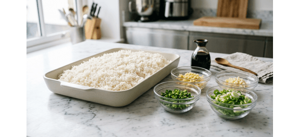 Chilled rice and chopped aromatics arranged neatly on a modern white marble countertop Chilled rice and chopped aromatics arranged neatly on a modern white marble countertop