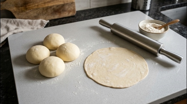 Smooth dough balls and rolled out paratha on a white quartz countertop
