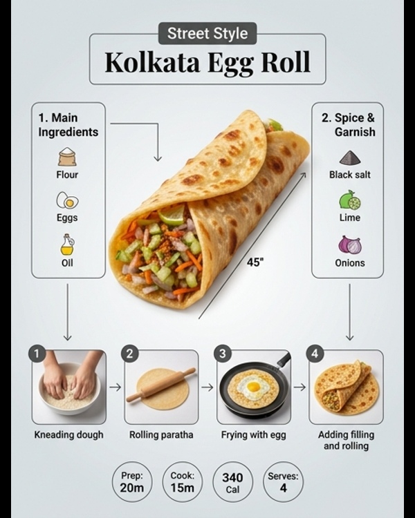 Authentic Kolkata street style egg roll wrapped in paper on a modern marble counter