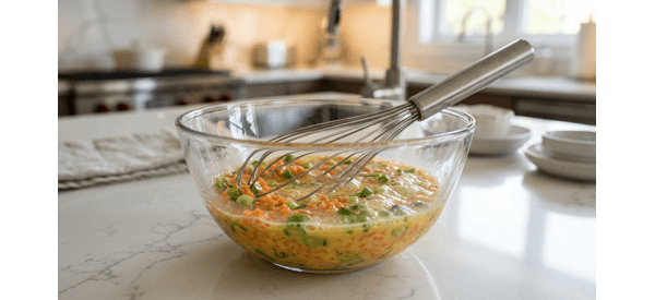 Whisked egg mixture with minced vegetables in a glass bowl
