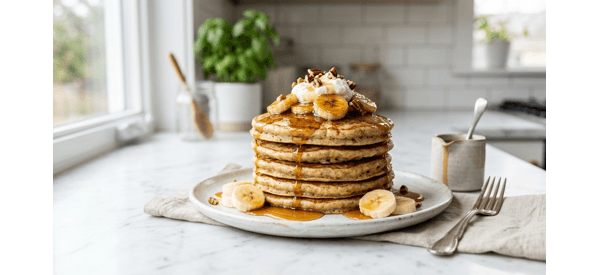 A stack of fluffy eggless banana pancakes topped with fresh slices and syrup