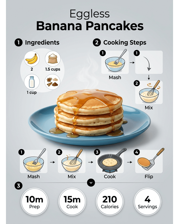 A stack of fluffy eggless banana pancakes topped with fresh slices and syrup