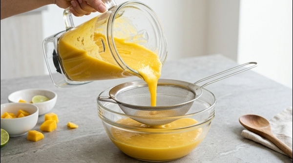 Thick mango aamras served with hot puffed pooris