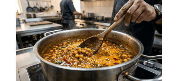 The dark chickpea gravy simmering in a modern pan with fresh ginger