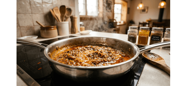 Matar Mushroom curry simmering in a pan with rich orange gravy and green peas Matar Mushroom curry simmering in a pan with rich orange gravy and green peas
