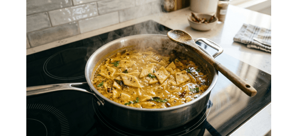 Pouring hot ghee tempering over a pot of simmering Dal Dhokli Pouring hot ghee tempering over a pot of simmering Dal Dhokli