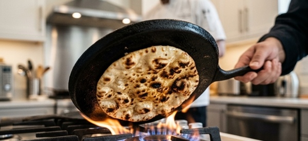 Stack of hot butter naan served with a bowl of curry on a modern plate Stack of hot butter naan served with a bowl of curry on a modern plate