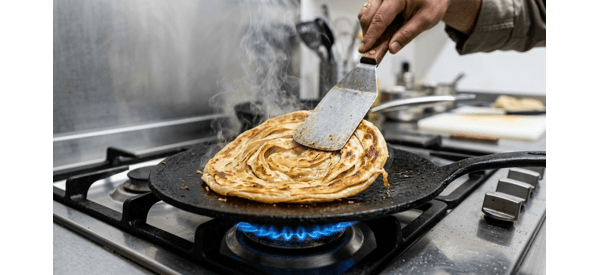 Golden brown flaky laccha paratha being crushed to show layers Golden brown flaky laccha paratha being crushed to show layers