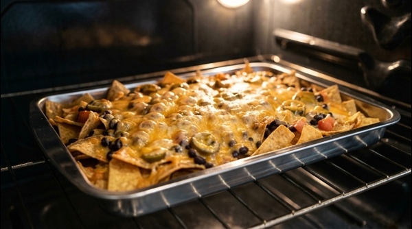 Final plated Loaded Crunchy Snack Nachos Recipe with sour cream and jalapeños