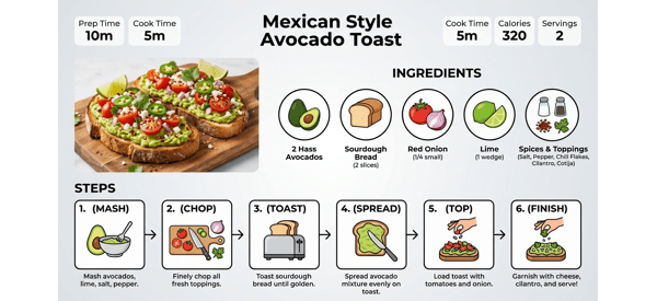 The final Mexican style avocado toast served on a modern plate with lime wedges The final Mexican style avocado toast served on a modern plate with lime wedges