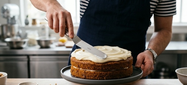 The finished carrot cake with white frosting and walnut garnish on a modern counter The finished carrot cake with white frosting and walnut garnish on a modern counter