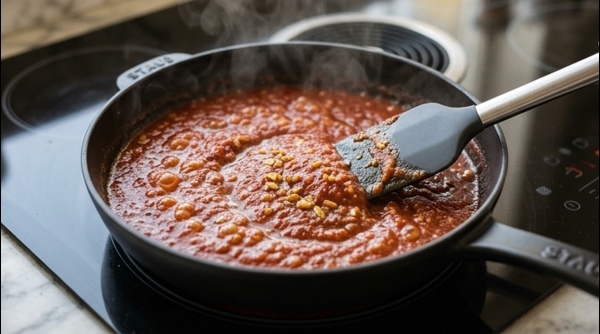 The finished spicy momos chutney being poured into a small white ceramic dip bowl