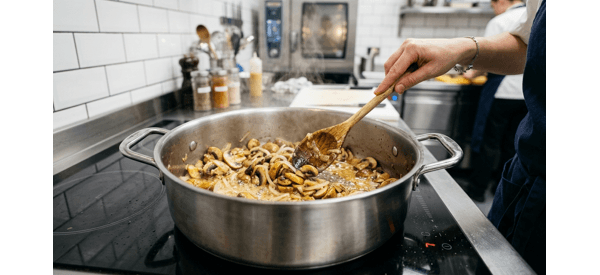 Pouring creamy mushroom soup into a ceramic bowl with steam rising Pouring creamy mushroom soup into a ceramic bowl with steam rising