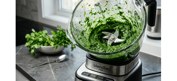 A close up of the vibrant green chutney being poured from a blender into a bowl A close up of the vibrant green chutney being poured from a blender into a bowl