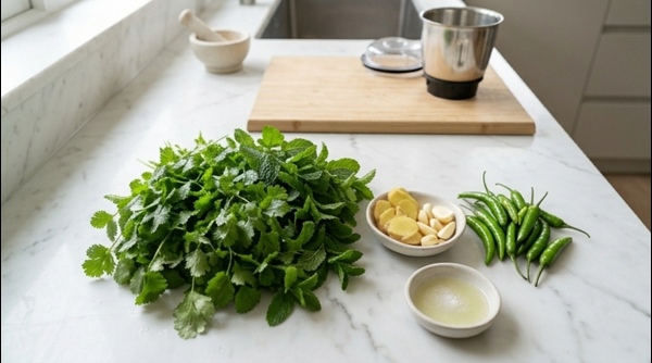 Freshly washed coriander, mint, ginger, and green chillies on a clean quartz countertop