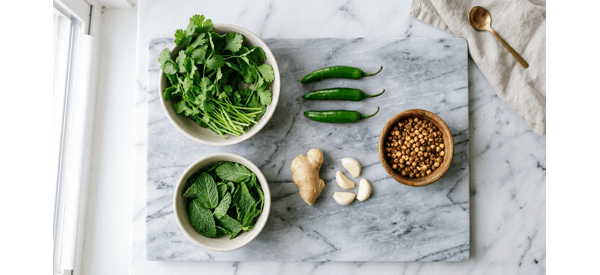 Freshly washed cilantro, mint, ginger, and garlic arranged on a modern kitchen counter Freshly washed cilantro, mint, ginger, and garlic arranged on a modern kitchen counter