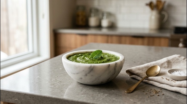 A vibrant green chutney in a white marble bowl with a mint leaf garnish