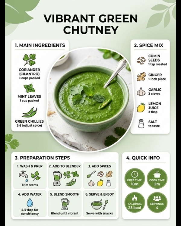 A vibrant green chutney in a white marble bowl with a mint leaf garnish