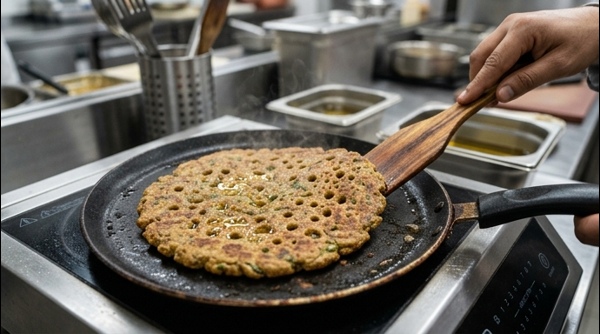 Crispy golden brown thalipeeth served with butter and curd