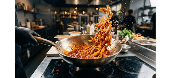 Tossing crispy potatoes in a glossy honey chilli sauce inside a wok Tossing crispy potatoes in a glossy honey chilli sauce inside a wok
