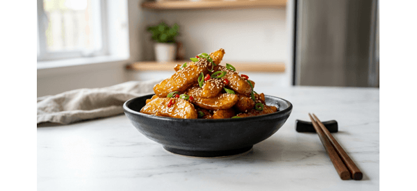 A plate of crispy Honey Chilli Potato garnished with sesame seeds and spring onions A plate of crispy Honey Chilli Potato garnished with sesame seeds and spring onions
