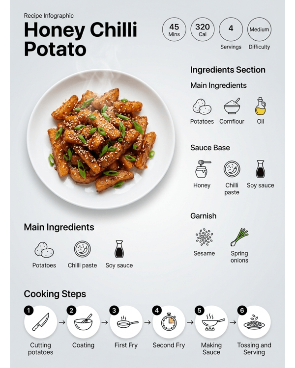 A plate of crispy Honey Chilli Potato garnished with sesame seeds and spring onions A plate of crispy Honey Chilli Potato garnished with sesame seeds and spring onions