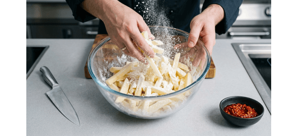 Potato fingers being coated with cornflour and rice flour in a bowl Potato fingers being coated with cornflour and rice flour in a bowl