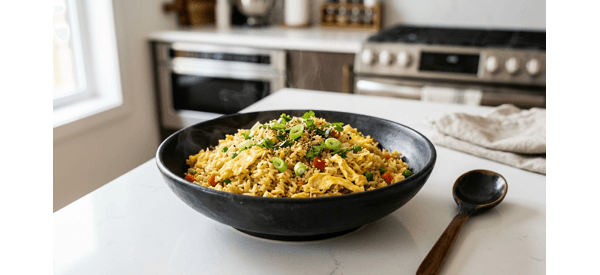 A steaming plate of restaurant style egg rice garnished with spring onions and served in a modern bowl A steaming plate of restaurant style egg rice garnished with spring onions and served in a modern bowl