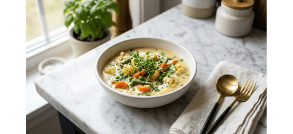 A luxury serving of hotel style vegetable kurma in a white ceramic bowl with fresh herbs A luxury serving of hotel style vegetable kurma in a white ceramic bowl with fresh herbs