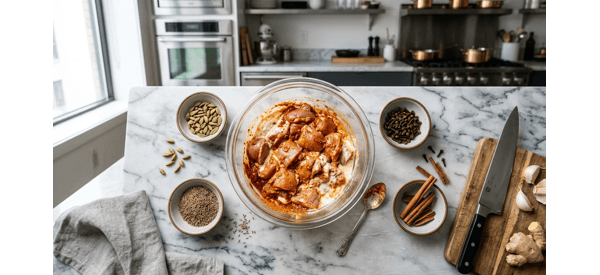 Marinated chicken pieces in a glass bowl with yogurt and spices
