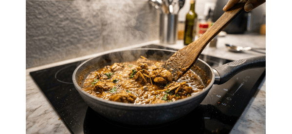 Chicken masala simmering in a pan with rich brown gravy and visible oil separation