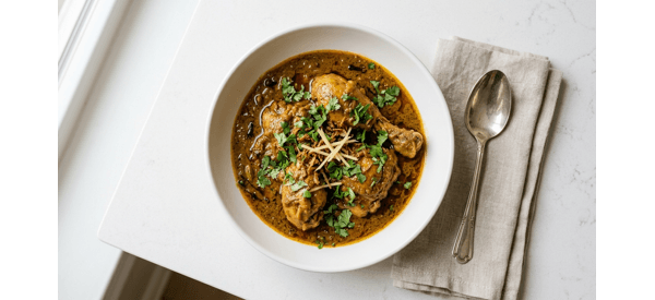 Authentic Hyderabadi Style Chicken Masala served in a white ceramic bowl with fresh coriander