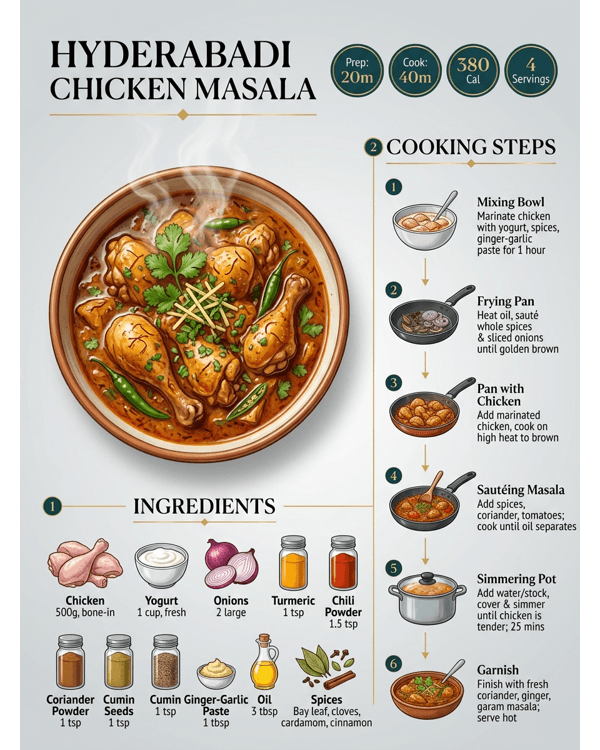 Authentic Hyderabadi Style Chicken Masala served in a white ceramic bowl with fresh coriander