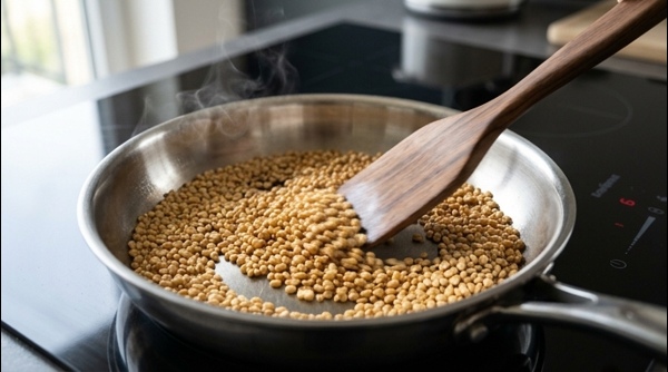 Roasting golden lentils and red chillies in a modern stainless steel pan
