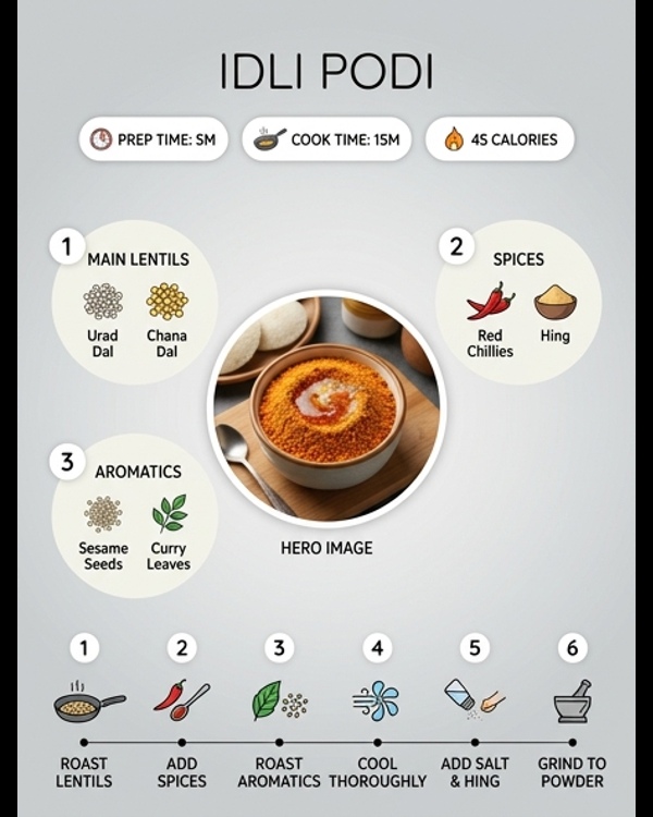 A bowl of vibrant orange idli podi served with soft white idlis and gingelly oil