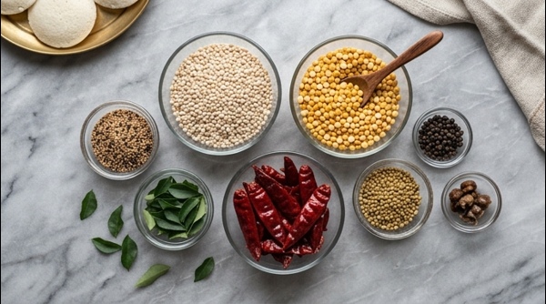Measured lentils and dried red chillies in modern ceramic bowls on a white marble counter
