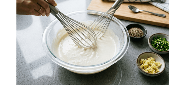 Whisking a smooth white dosa batter in a modern glass bowl Whisking a smooth white dosa batter in a modern glass bowl