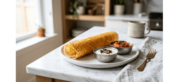 Crispy golden brown instant dosa served on a modern white plate with coconut chutney Crispy golden brown instant dosa served on a modern white plate with coconut chutney