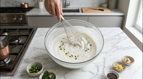 A thin and smooth dosa batter being whisked in a glass bowl on a white marble countertop