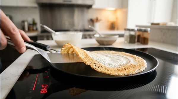 A thin dosa being flipped on a modern black tawa with golden brown crispy edges