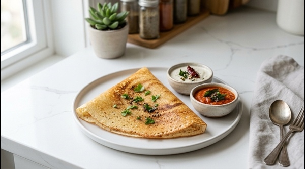 Golden crispy instant dosa served with fresh coconut chutney and spicy sambar on a modern white plate