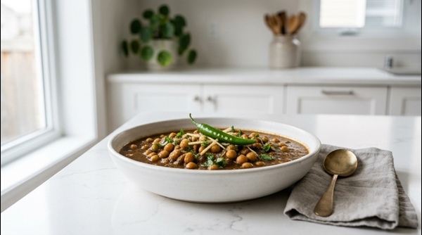 Restaurant style Kabuli Chana served hot in a modern white ceramic bowl with ginger juliennes