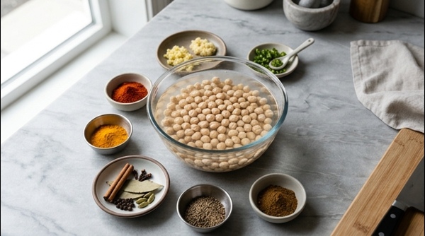 Soaked white chickpeas in a glass bowl next to fresh spices on a white marble counter